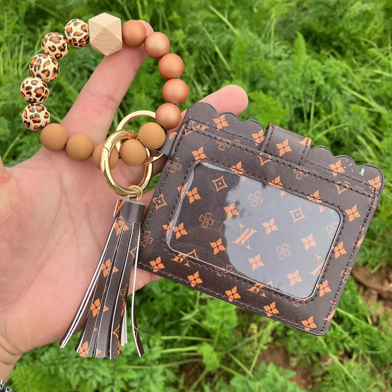 Wholesale Card Holder Pu Tassel Beads Bracelet Wallet Keychain